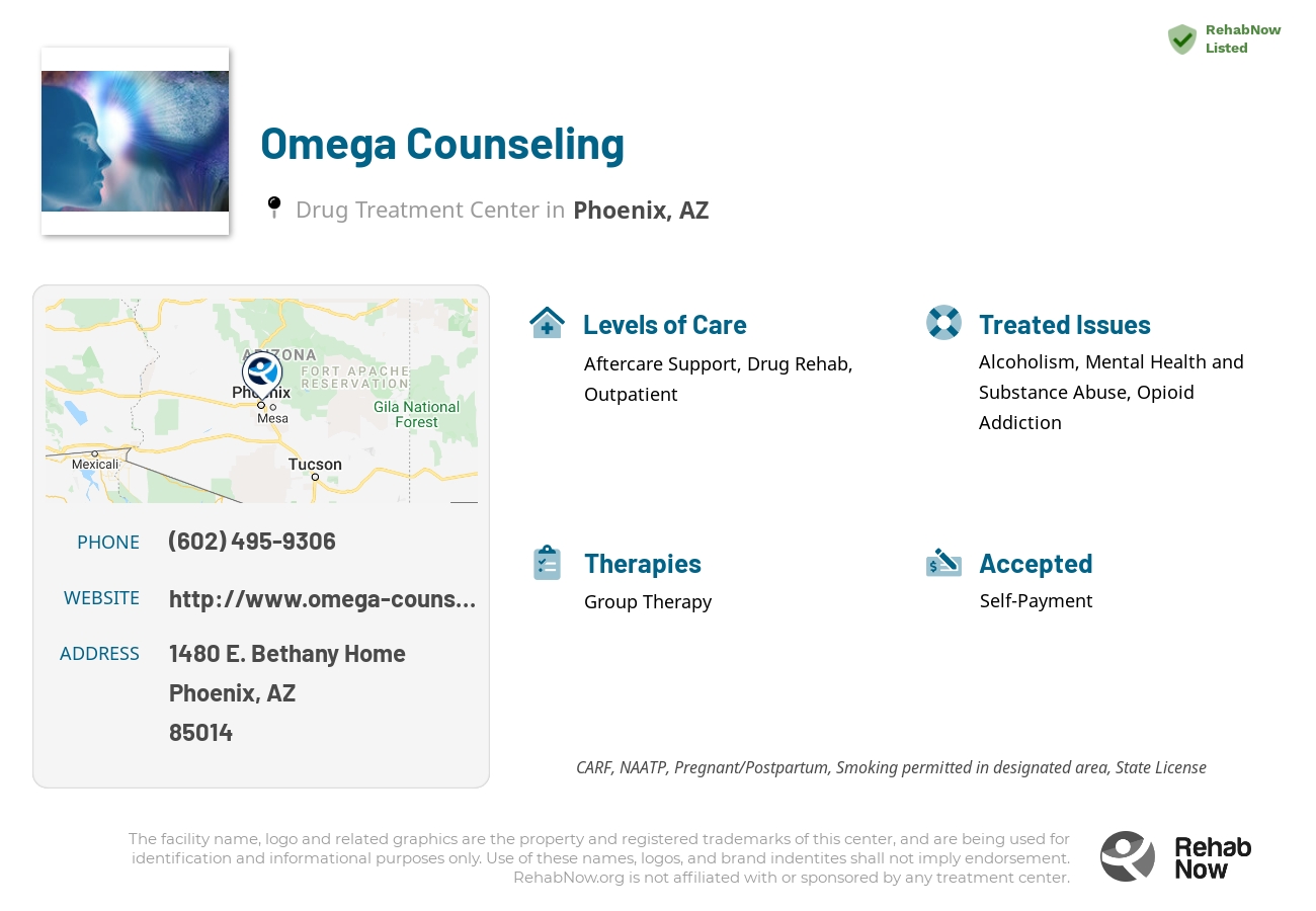 Helpful reference information for Omega Counseling, a drug treatment center in Arizona located at: 1480 1480 E. Bethany Home, Phoenix, AZ 85014, including phone numbers, official website, and more. Listed briefly is an overview of Levels of Care, Therapies Offered, Issues Treated, and accepted forms of Payment Methods.