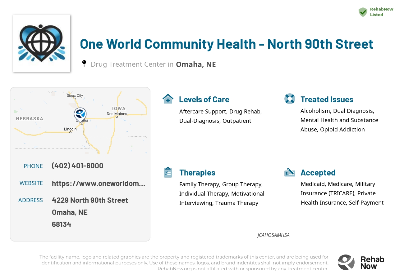 Helpful reference information for One World Community Health - North 90th Street, a drug treatment center in Nebraska located at: 4229 4229 North 90th Street, Omaha, NE 68134, including phone numbers, official website, and more. Listed briefly is an overview of Levels of Care, Therapies Offered, Issues Treated, and accepted forms of Payment Methods.