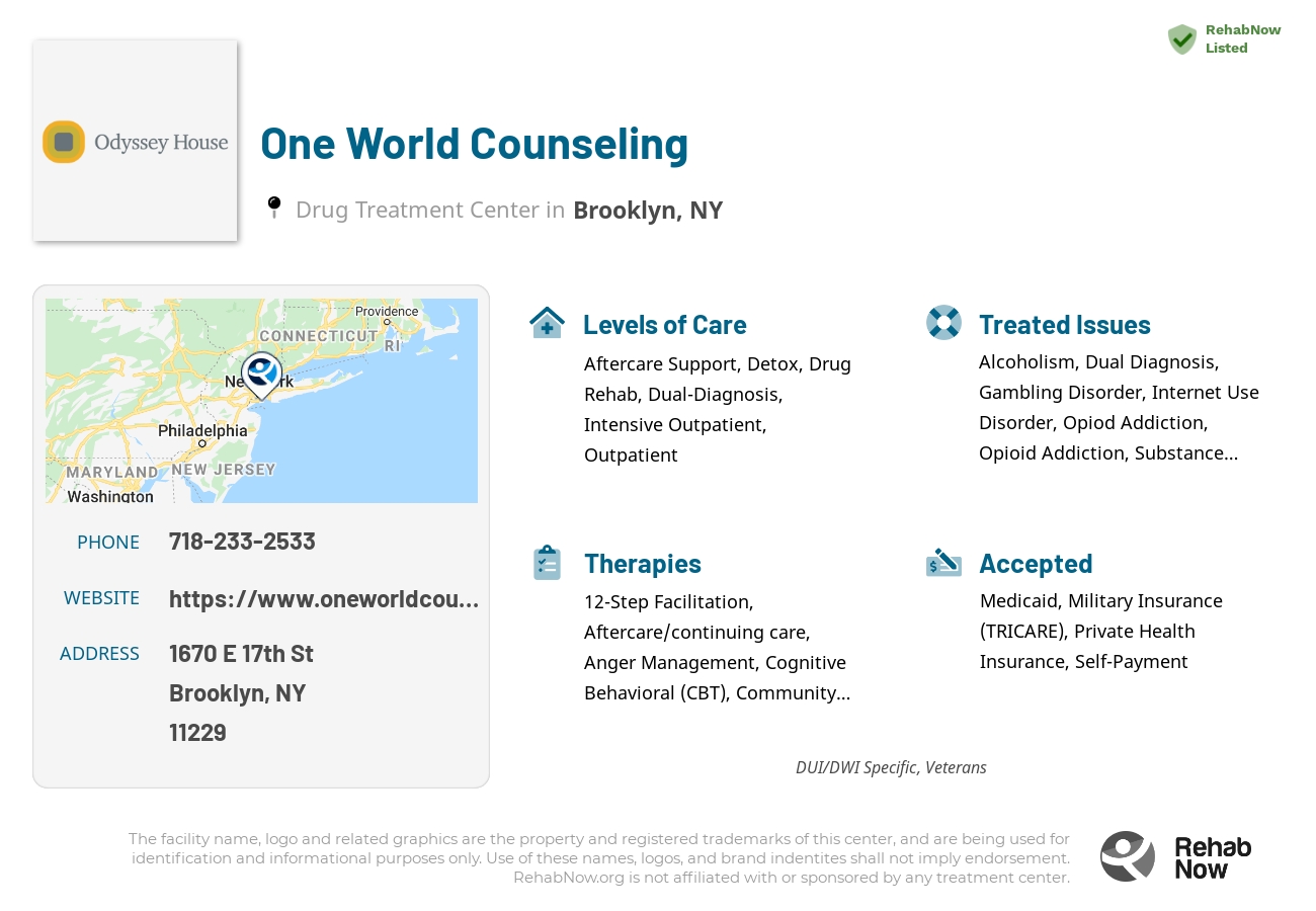 Helpful reference information for One World Counseling, a drug treatment center in New York located at: 1670 E 17th St, Brooklyn, NY 11229, including phone numbers, official website, and more. Listed briefly is an overview of Levels of Care, Therapies Offered, Issues Treated, and accepted forms of Payment Methods.