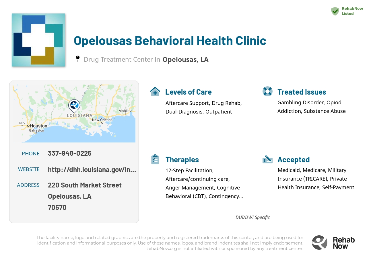 Helpful reference information for Opelousas Behavioral Health Clinic, a drug treatment center in Louisiana located at: 220 South Market Street, Opelousas, LA 70570, including phone numbers, official website, and more. Listed briefly is an overview of Levels of Care, Therapies Offered, Issues Treated, and accepted forms of Payment Methods.
