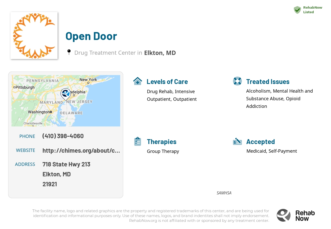 Helpful reference information for Open Door, a drug treatment center in Maryland located at: 718 State Hwy 213, Elkton, MD 21921, including phone numbers, official website, and more. Listed briefly is an overview of Levels of Care, Therapies Offered, Issues Treated, and accepted forms of Payment Methods.