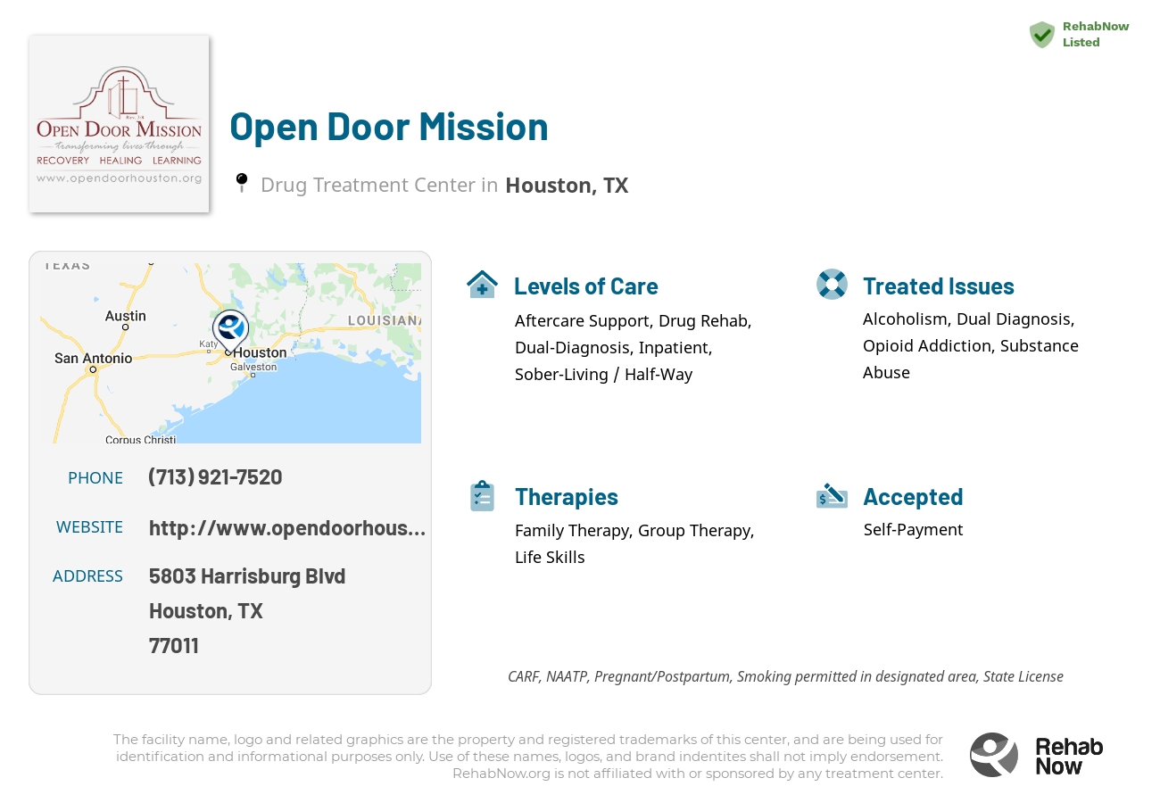 Helpful reference information for Open Door Mission, a drug treatment center in Texas located at: 5803 Harrisburg Blvd, Houston, TX 77011, including phone numbers, official website, and more. Listed briefly is an overview of Levels of Care, Therapies Offered, Issues Treated, and accepted forms of Payment Methods.