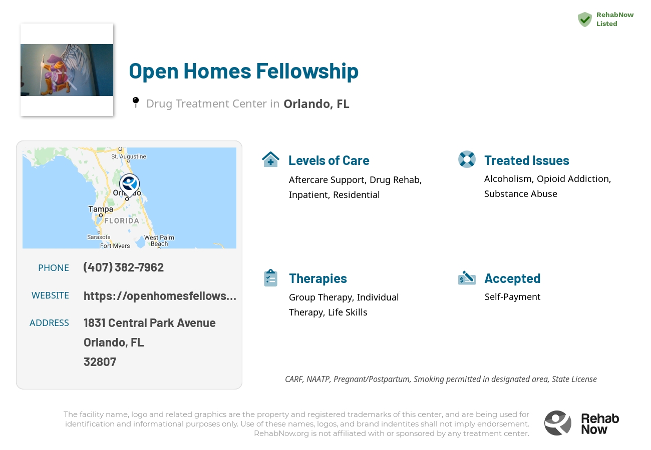 Helpful reference information for Open Homes Fellowship, a drug treatment center in Florida located at: 1831 Central Park Avenue, Orlando, FL, 32807, including phone numbers, official website, and more. Listed briefly is an overview of Levels of Care, Therapies Offered, Issues Treated, and accepted forms of Payment Methods.