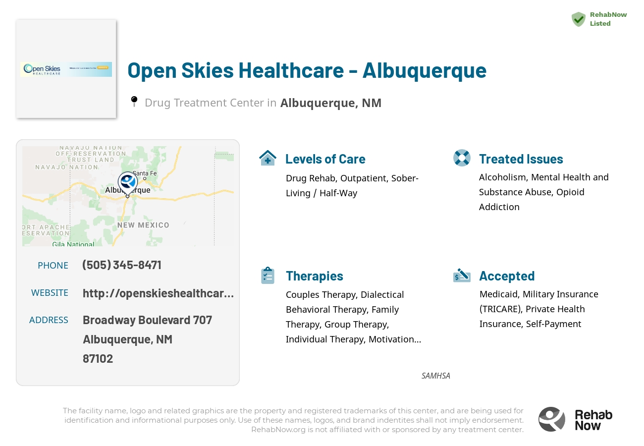 Helpful reference information for Open Skies Healthcare - Albuquerque, a drug treatment center in New Mexico located at: Broadway Boulevard 707, Albuquerque, NM 87102, including phone numbers, official website, and more. Listed briefly is an overview of Levels of Care, Therapies Offered, Issues Treated, and accepted forms of Payment Methods.