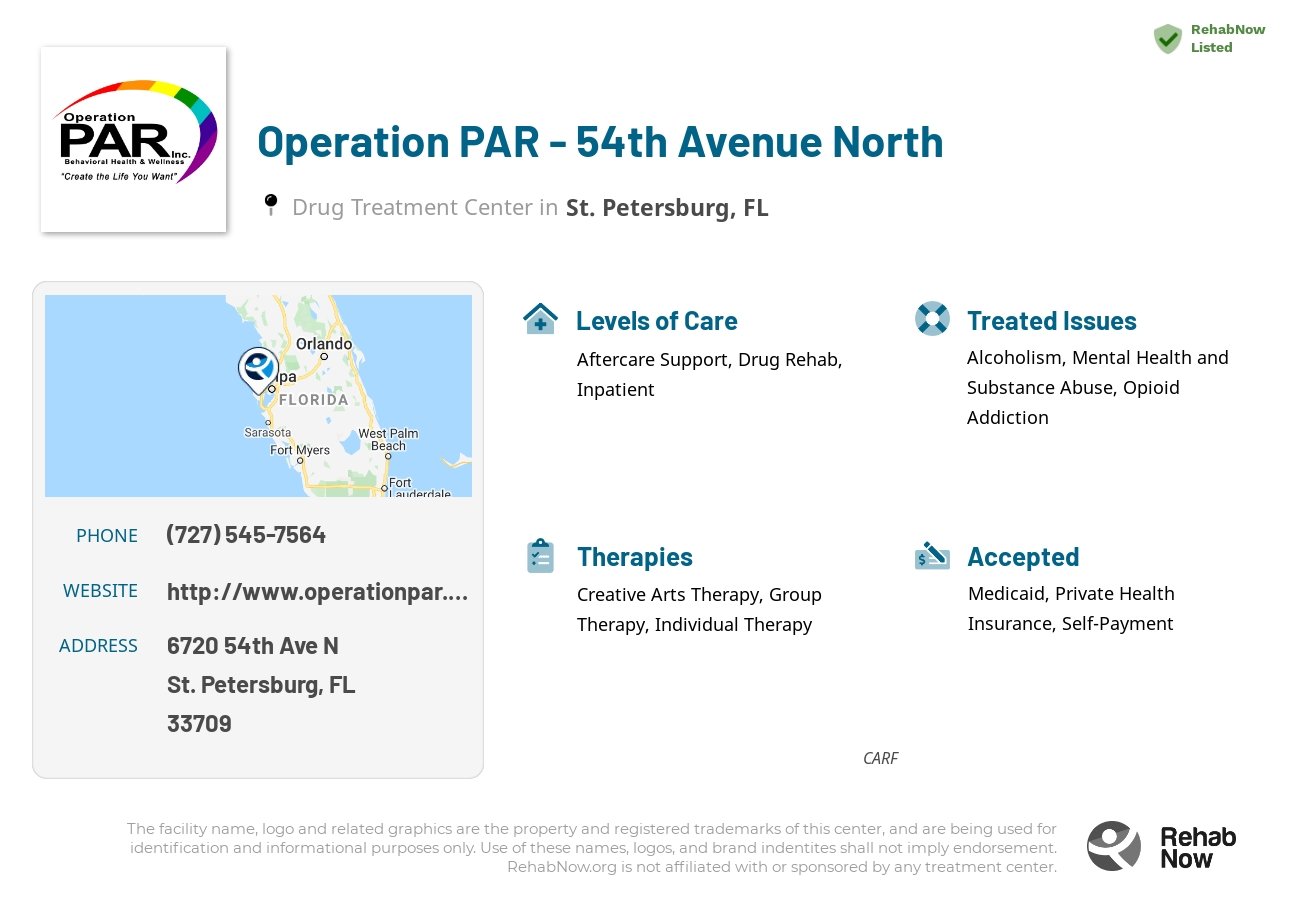 Helpful reference information for Operation PAR - 54th Avenue North, a drug treatment center in Florida located at: 6720 54th Ave N, St. Petersburg, FL, 33709, including phone numbers, official website, and more. Listed briefly is an overview of Levels of Care, Therapies Offered, Issues Treated, and accepted forms of Payment Methods.