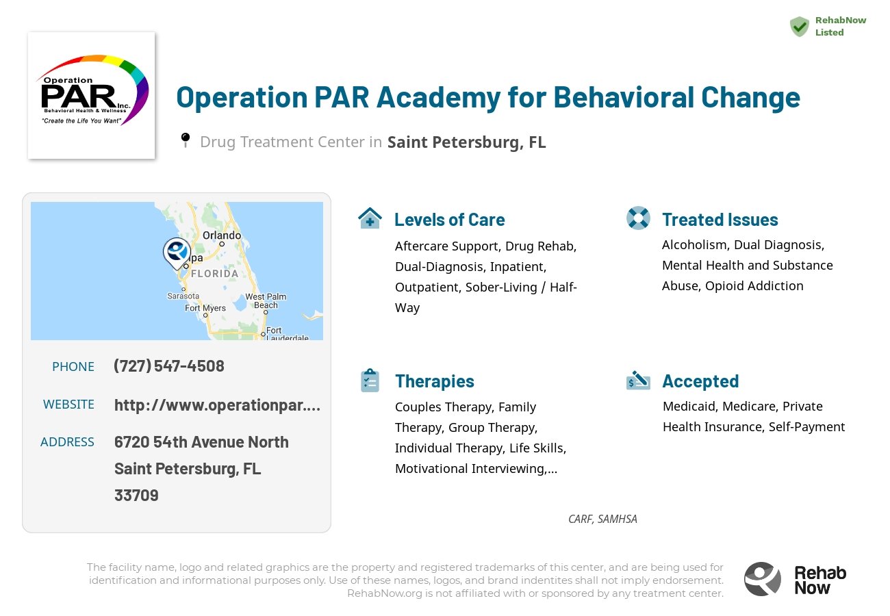 Helpful reference information for Operation PAR Academy for Behavioral Change, a drug treatment center in Florida located at: 6720 54th Avenue North, Saint Petersburg, FL, 33709, including phone numbers, official website, and more. Listed briefly is an overview of Levels of Care, Therapies Offered, Issues Treated, and accepted forms of Payment Methods.