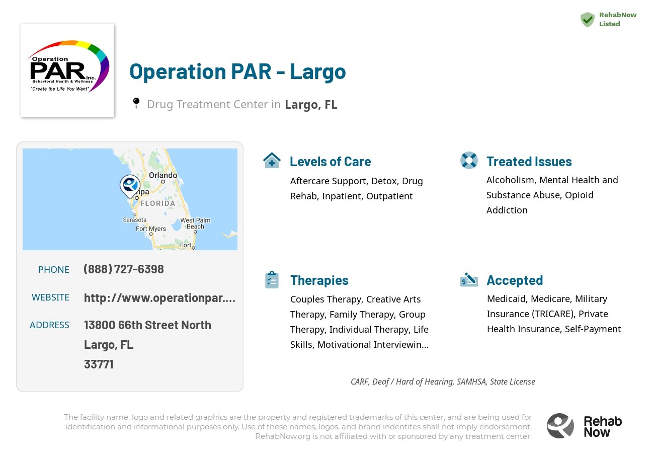 Helpful reference information for Operation PAR - Largo, a drug treatment center in Florida located at: 13800 66th Street North, Largo, FL, 33771, including phone numbers, official website, and more. Listed briefly is an overview of Levels of Care, Therapies Offered, Issues Treated, and accepted forms of Payment Methods.