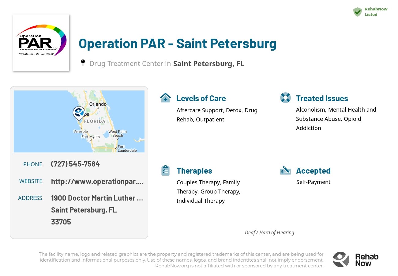 Helpful reference information for Operation PAR - Saint Petersburg, a drug treatment center in Florida located at: 1900 Doctor Martin Luther King Junior Street South, Saint Petersburg, FL, 33705, including phone numbers, official website, and more. Listed briefly is an overview of Levels of Care, Therapies Offered, Issues Treated, and accepted forms of Payment Methods.