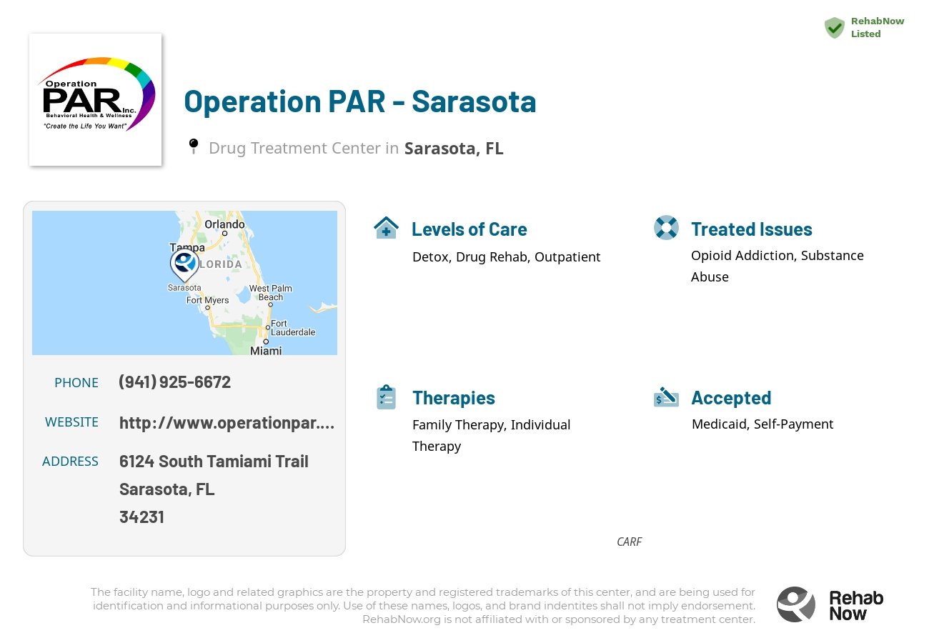 Helpful reference information for Operation PAR - Sarasota, a drug treatment center in Florida located at: 6124 South Tamiami Trail, Sarasota, FL, 34231, including phone numbers, official website, and more. Listed briefly is an overview of Levels of Care, Therapies Offered, Issues Treated, and accepted forms of Payment Methods.