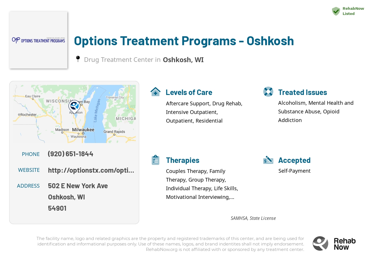 Helpful reference information for Options Treatment Programs - Oshkosh, a drug treatment center in Wisconsin located at: 502 E New York Ave, Oshkosh, WI 54901, including phone numbers, official website, and more. Listed briefly is an overview of Levels of Care, Therapies Offered, Issues Treated, and accepted forms of Payment Methods.