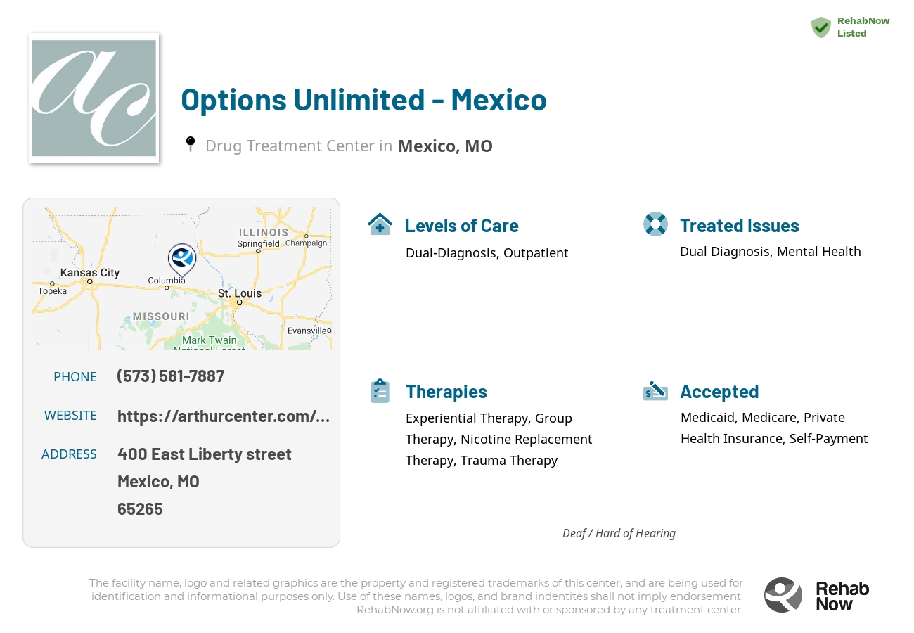 Helpful reference information for Options Unlimited - Mexico, a drug treatment center in Missouri located at: 400 East Liberty street, Mexico, MO 65265, including phone numbers, official website, and more. Listed briefly is an overview of Levels of Care, Therapies Offered, Issues Treated, and accepted forms of Payment Methods.