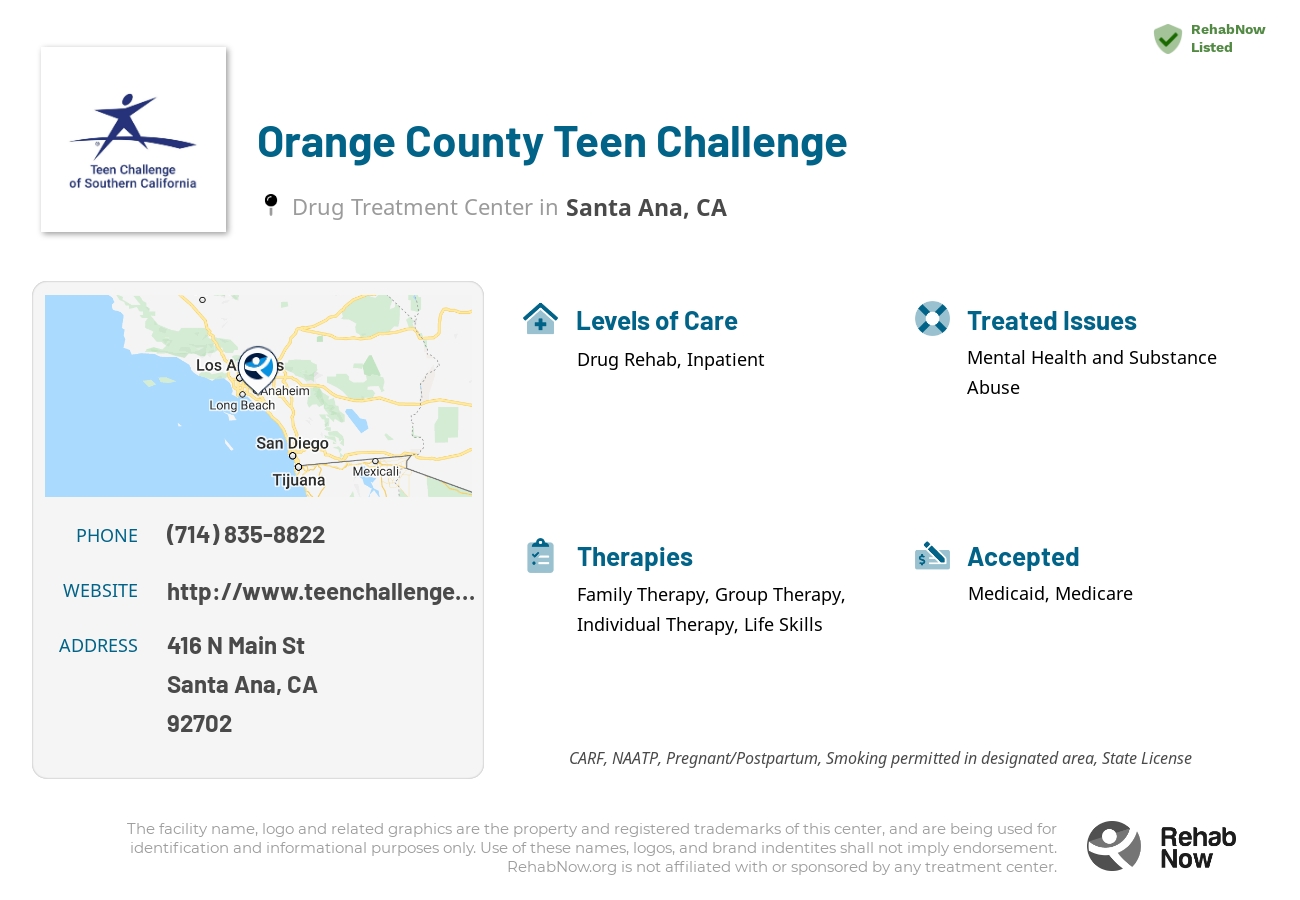 Helpful reference information for Orange County Teen Challenge, a drug treatment center in California located at: 416 N Main St, Santa Ana, CA, 92702, including phone numbers, official website, and more. Listed briefly is an overview of Levels of Care, Therapies Offered, Issues Treated, and accepted forms of Payment Methods.