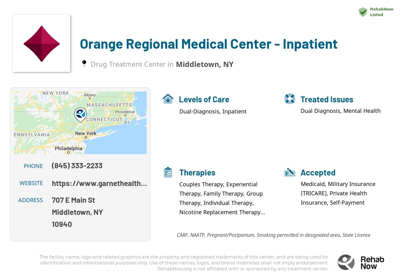 Helpful reference information for Orange Regional Medical Center - Inpatient, a drug treatment center in New York located at: 707 E Main St, Middletown, NY 10940, including phone numbers, official website, and more. Listed briefly is an overview of Levels of Care, Therapies Offered, Issues Treated, and accepted forms of Payment Methods.