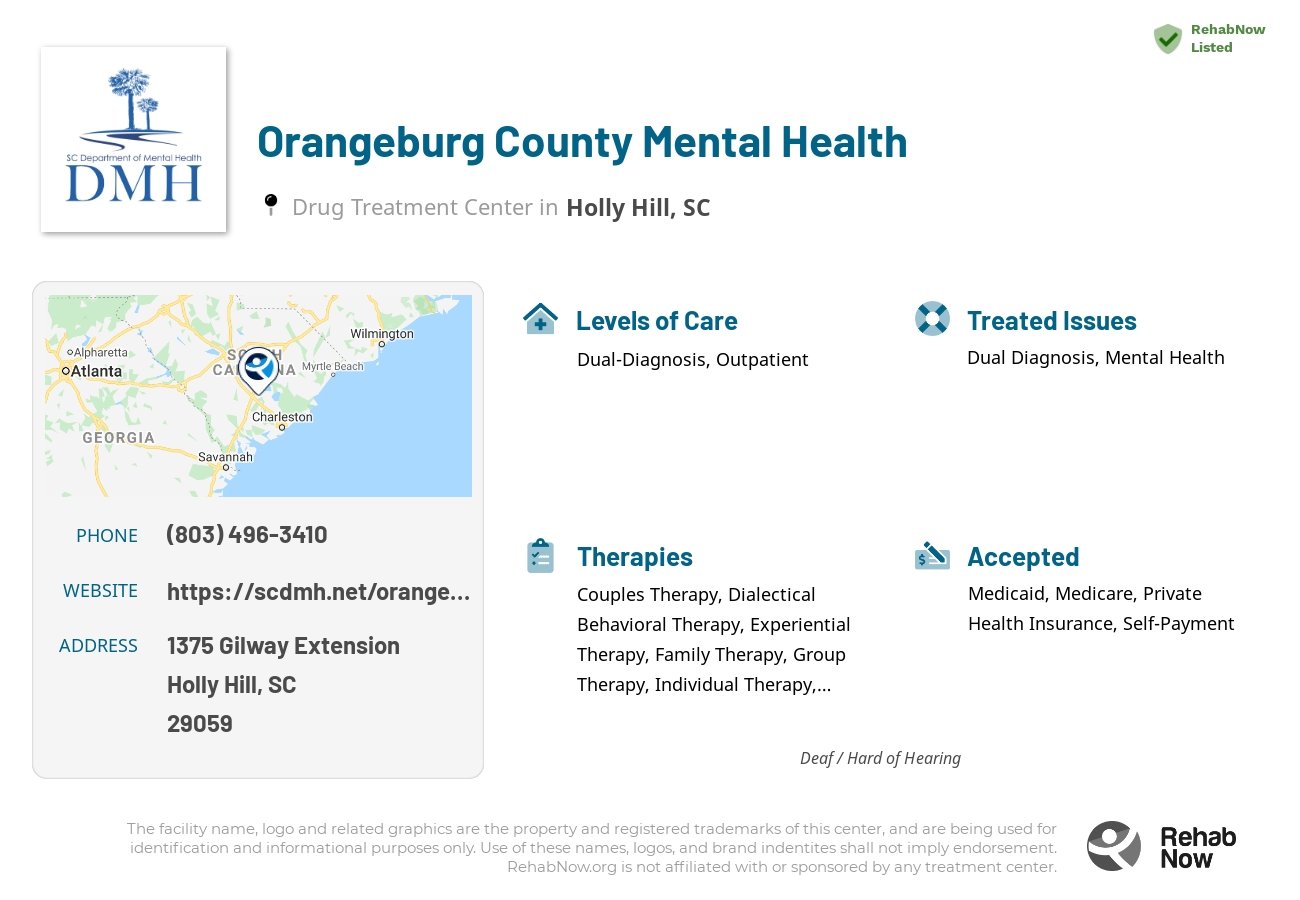 Helpful reference information for Orangeburg County Mental Health, a drug treatment center in South Carolina located at: 1375 1375 Gilway Extension, Holly Hill, SC 29059, including phone numbers, official website, and more. Listed briefly is an overview of Levels of Care, Therapies Offered, Issues Treated, and accepted forms of Payment Methods.