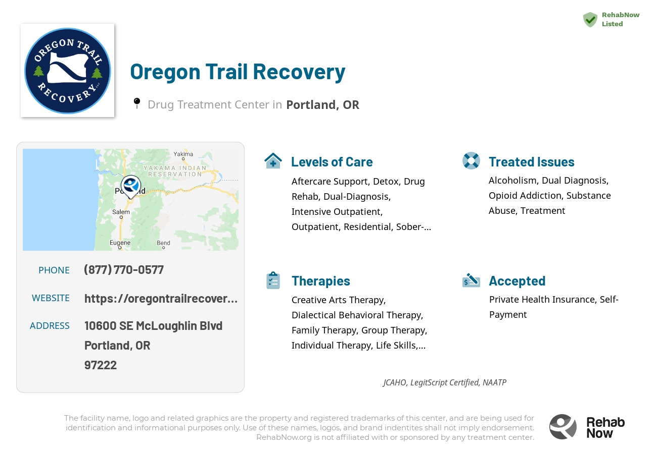 Helpful reference information for Oregon Trail Recovery, a drug treatment center in Oregon located at: 10600 SE McLoughlin Blvd, Portland, OR 97222, including phone numbers, official website, and more. Listed briefly is an overview of Levels of Care, Therapies Offered, Issues Treated, and accepted forms of Payment Methods.