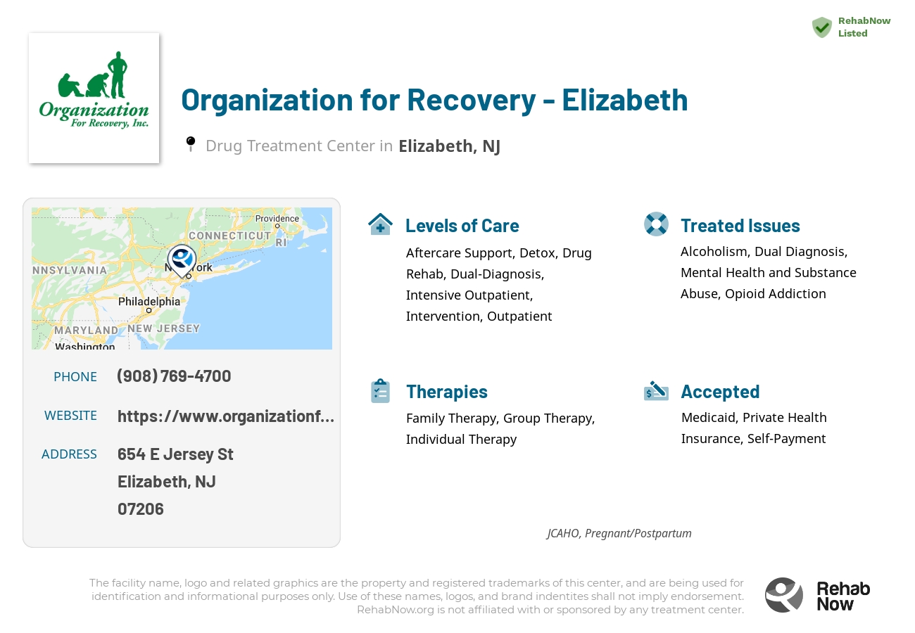 Helpful reference information for Organization for Recovery - Elizabeth, a drug treatment center in New Jersey located at: 654 E Jersey St, Elizabeth, NJ 07206, including phone numbers, official website, and more. Listed briefly is an overview of Levels of Care, Therapies Offered, Issues Treated, and accepted forms of Payment Methods.