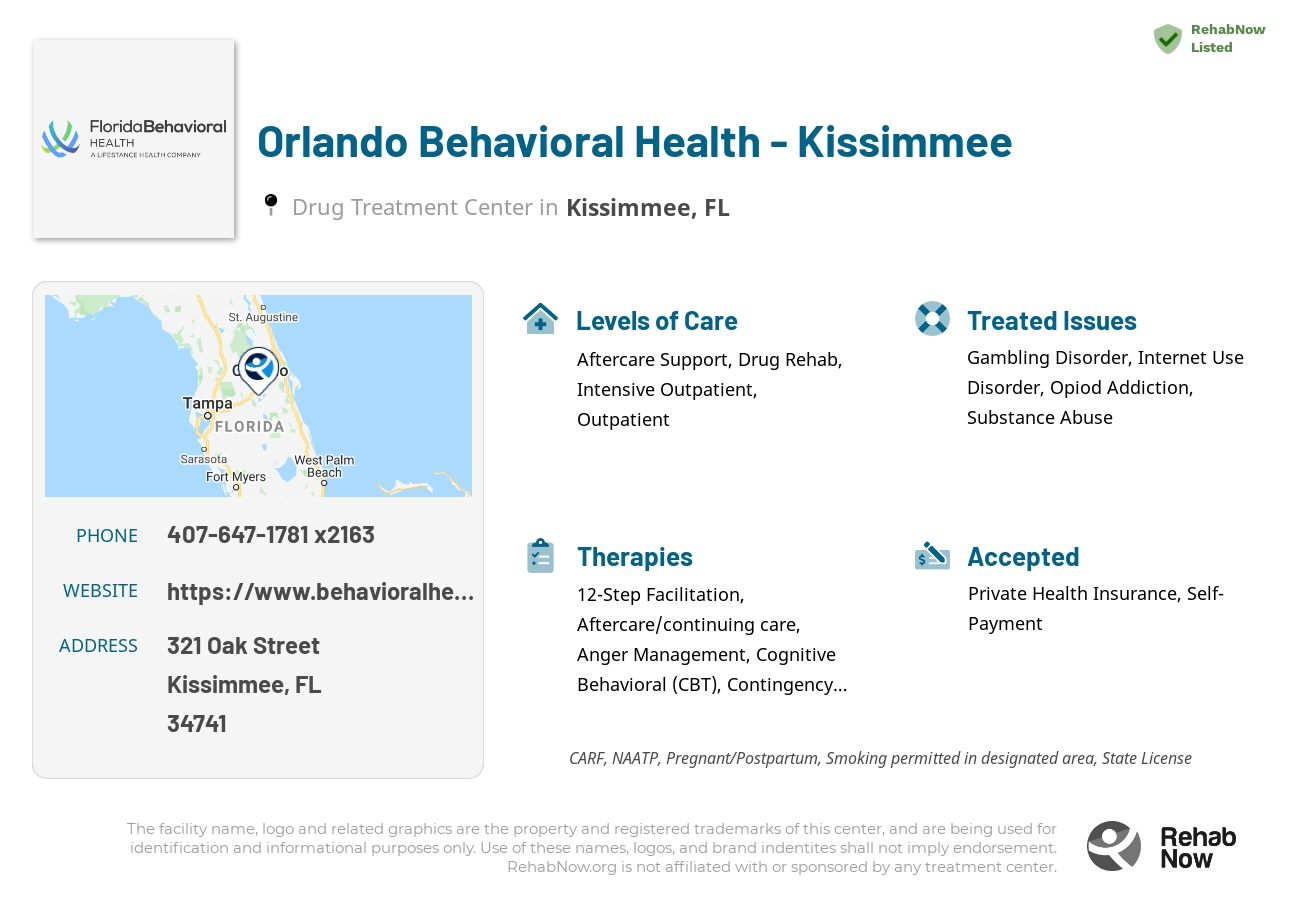 Helpful reference information for Orlando Behavioral Health - Kissimmee, a drug treatment center in Florida located at: 321 Oak Street, Kissimmee, FL 34741, including phone numbers, official website, and more. Listed briefly is an overview of Levels of Care, Therapies Offered, Issues Treated, and accepted forms of Payment Methods.