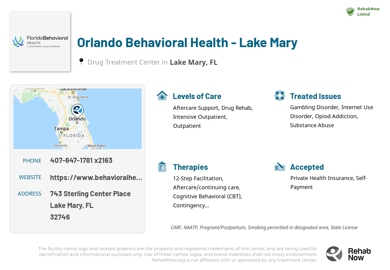 Helpful reference information for Orlando Behavioral Health - Lake Mary, a drug treatment center in Florida located at: 743 Sterling Center Place, Lake Mary, FL 32746, including phone numbers, official website, and more. Listed briefly is an overview of Levels of Care, Therapies Offered, Issues Treated, and accepted forms of Payment Methods.