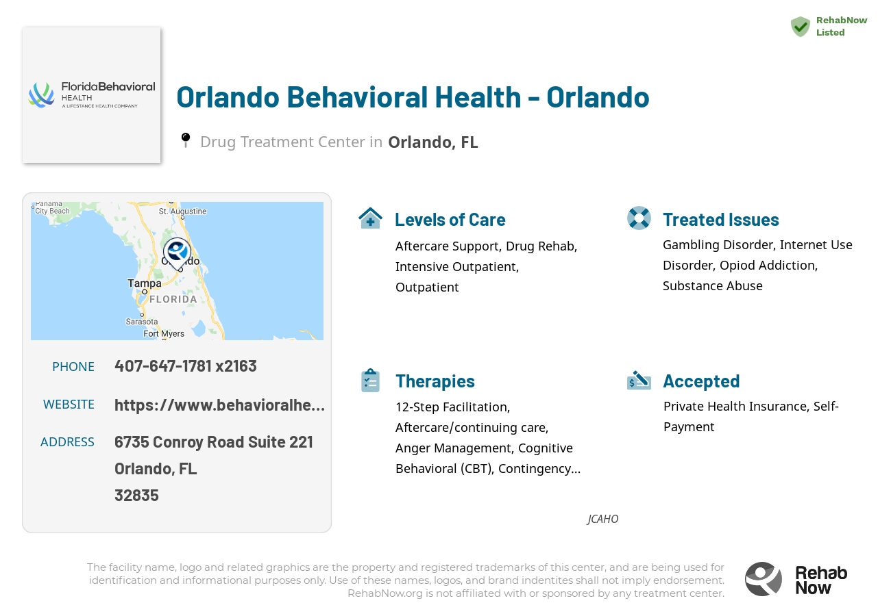 Helpful reference information for Orlando Behavioral Health - Orlando, a drug treatment center in Florida located at: 6735 Conroy Road Suite 221, Orlando, FL 32835, including phone numbers, official website, and more. Listed briefly is an overview of Levels of Care, Therapies Offered, Issues Treated, and accepted forms of Payment Methods.