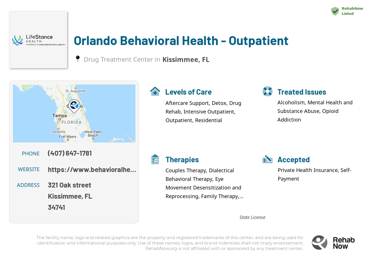 Helpful reference information for Orlando Behavioral Health - Outpatient, a drug treatment center in Florida located at: 321 Oak street, Kissimmee, FL, 34741, including phone numbers, official website, and more. Listed briefly is an overview of Levels of Care, Therapies Offered, Issues Treated, and accepted forms of Payment Methods.