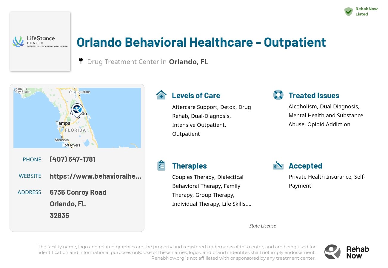 Helpful reference information for Orlando Behavioral Healthcare - Outpatient, a drug treatment center in Florida located at: 6735 Conroy Road, Orlando, FL, 32835, including phone numbers, official website, and more. Listed briefly is an overview of Levels of Care, Therapies Offered, Issues Treated, and accepted forms of Payment Methods.