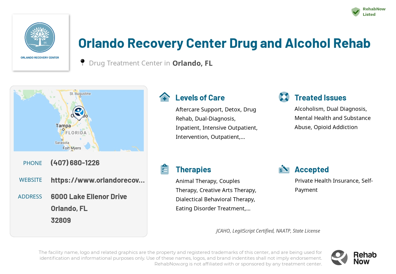 Helpful reference information for Orlando Recovery Center Drug and Alcohol Rehab, a drug treatment center in Florida located at: 6000 Lake Ellenor Drive, Orlando, FL, 32809, including phone numbers, official website, and more. Listed briefly is an overview of Levels of Care, Therapies Offered, Issues Treated, and accepted forms of Payment Methods.