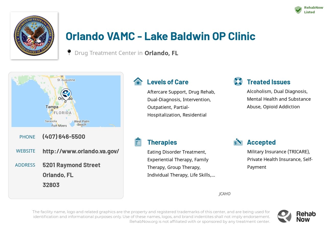 Helpful reference information for Orlando VAMC - Lake Baldwin OP Clinic, a drug treatment center in Florida located at: 5201 Raymond Street, Orlando, FL, 32803, including phone numbers, official website, and more. Listed briefly is an overview of Levels of Care, Therapies Offered, Issues Treated, and accepted forms of Payment Methods.