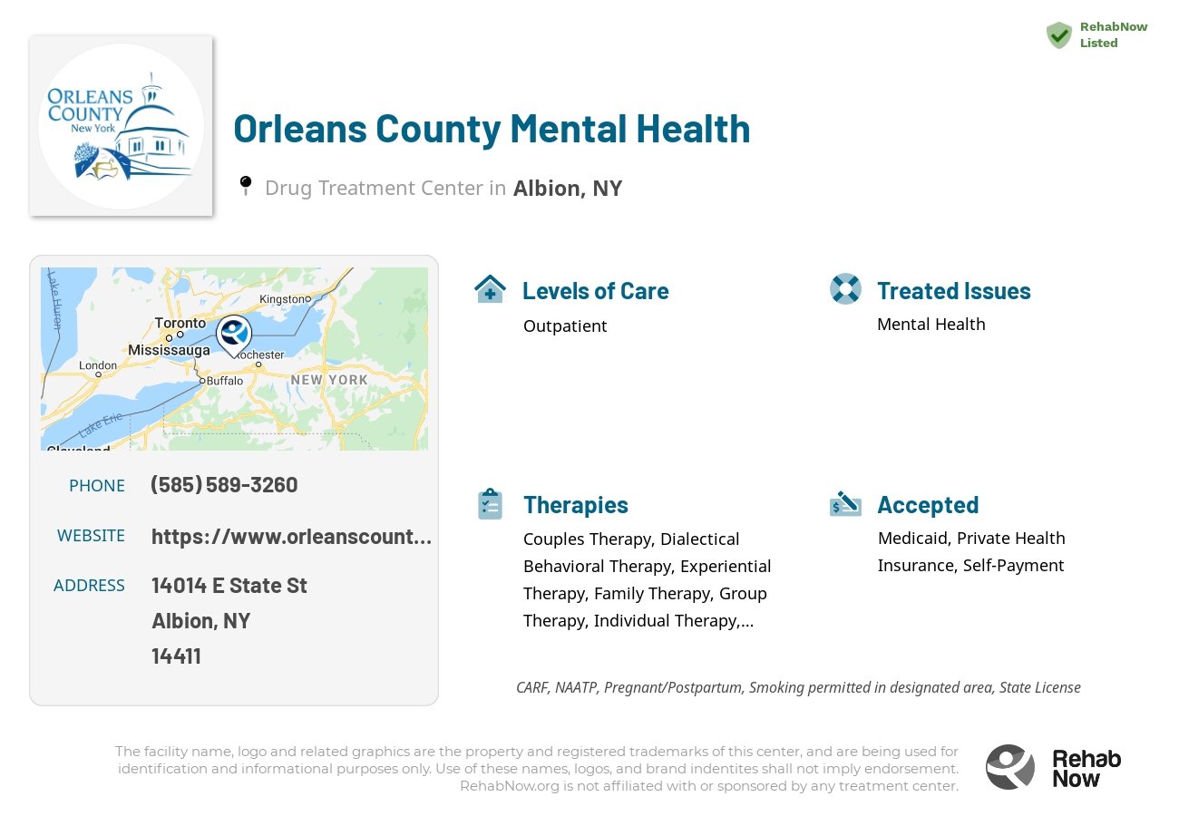 Helpful reference information for Orleans County Mental Health, a drug treatment center in New York located at: 14014 E State St, Albion, NY 14411, including phone numbers, official website, and more. Listed briefly is an overview of Levels of Care, Therapies Offered, Issues Treated, and accepted forms of Payment Methods.