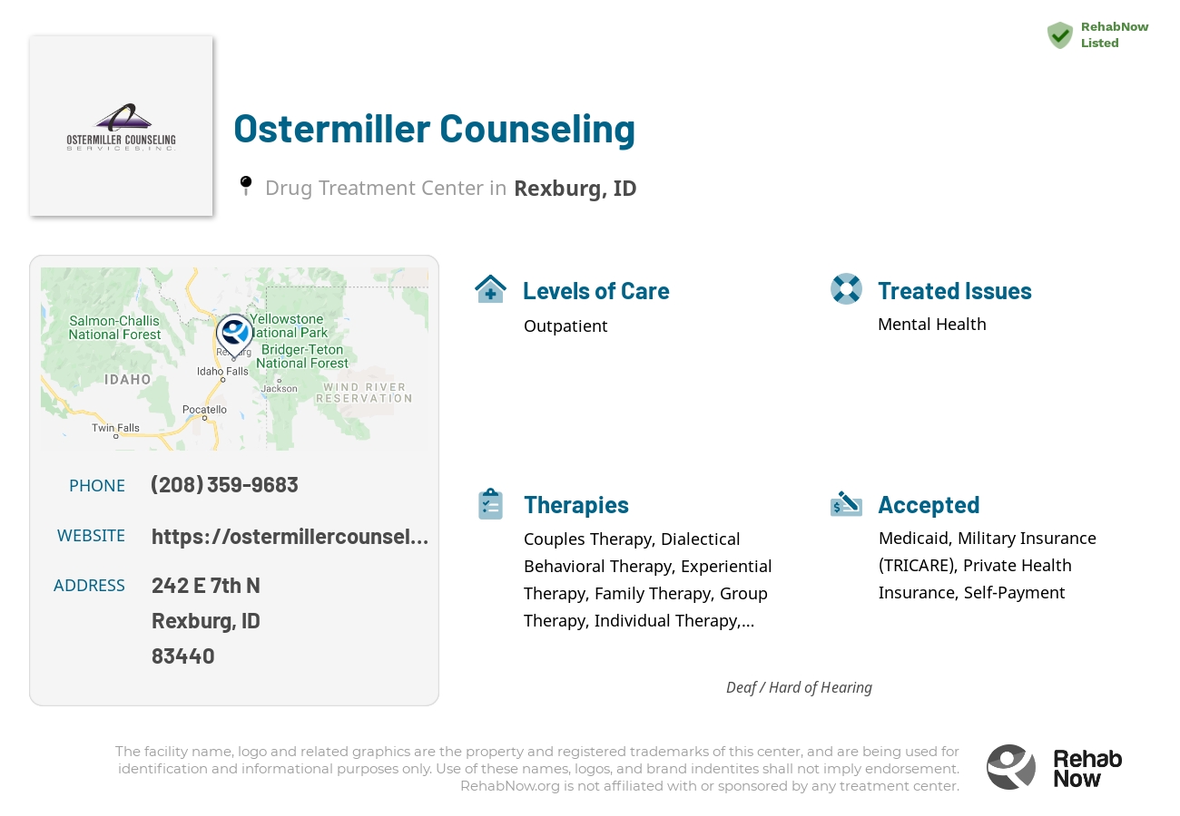 Helpful reference information for Ostermiller Counseling, a drug treatment center in Idaho located at: 242 E 7th N, Rexburg, ID 83440, including phone numbers, official website, and more. Listed briefly is an overview of Levels of Care, Therapies Offered, Issues Treated, and accepted forms of Payment Methods.
