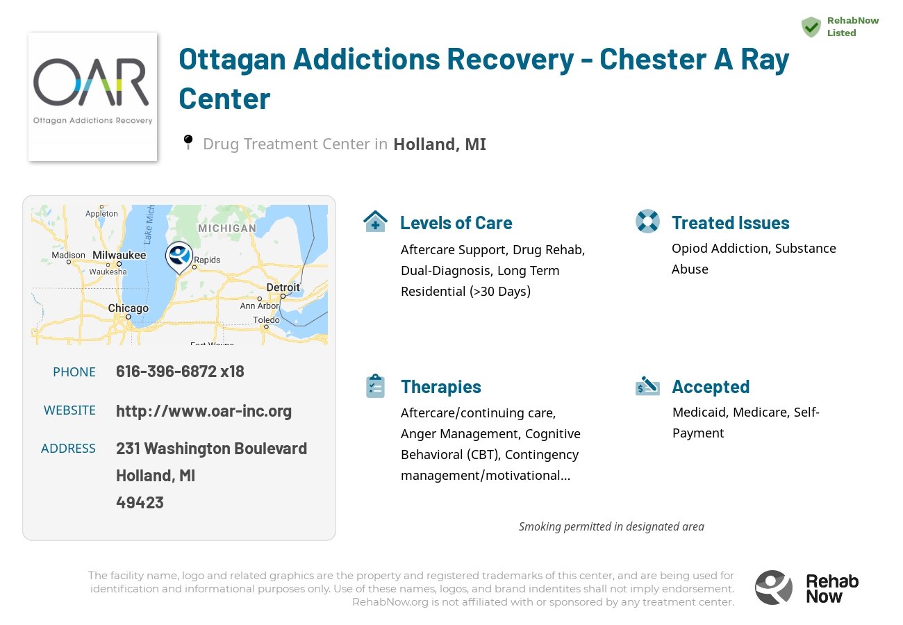 Helpful reference information for Ottagan Addictions Recovery - Chester A Ray Center, a drug treatment center in Michigan located at: 231 Washington Boulevard, Holland, MI 49423, including phone numbers, official website, and more. Listed briefly is an overview of Levels of Care, Therapies Offered, Issues Treated, and accepted forms of Payment Methods.