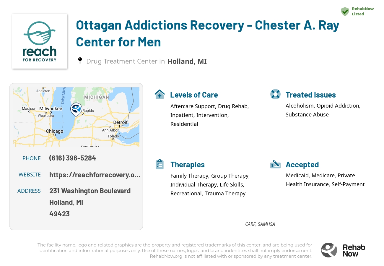 Helpful reference information for Ottagan Addictions Recovery - Chester A. Ray Center for Men, a drug treatment center in Michigan located at: 231 Washington Boulevard, Holland, MI, 49423, including phone numbers, official website, and more. Listed briefly is an overview of Levels of Care, Therapies Offered, Issues Treated, and accepted forms of Payment Methods.