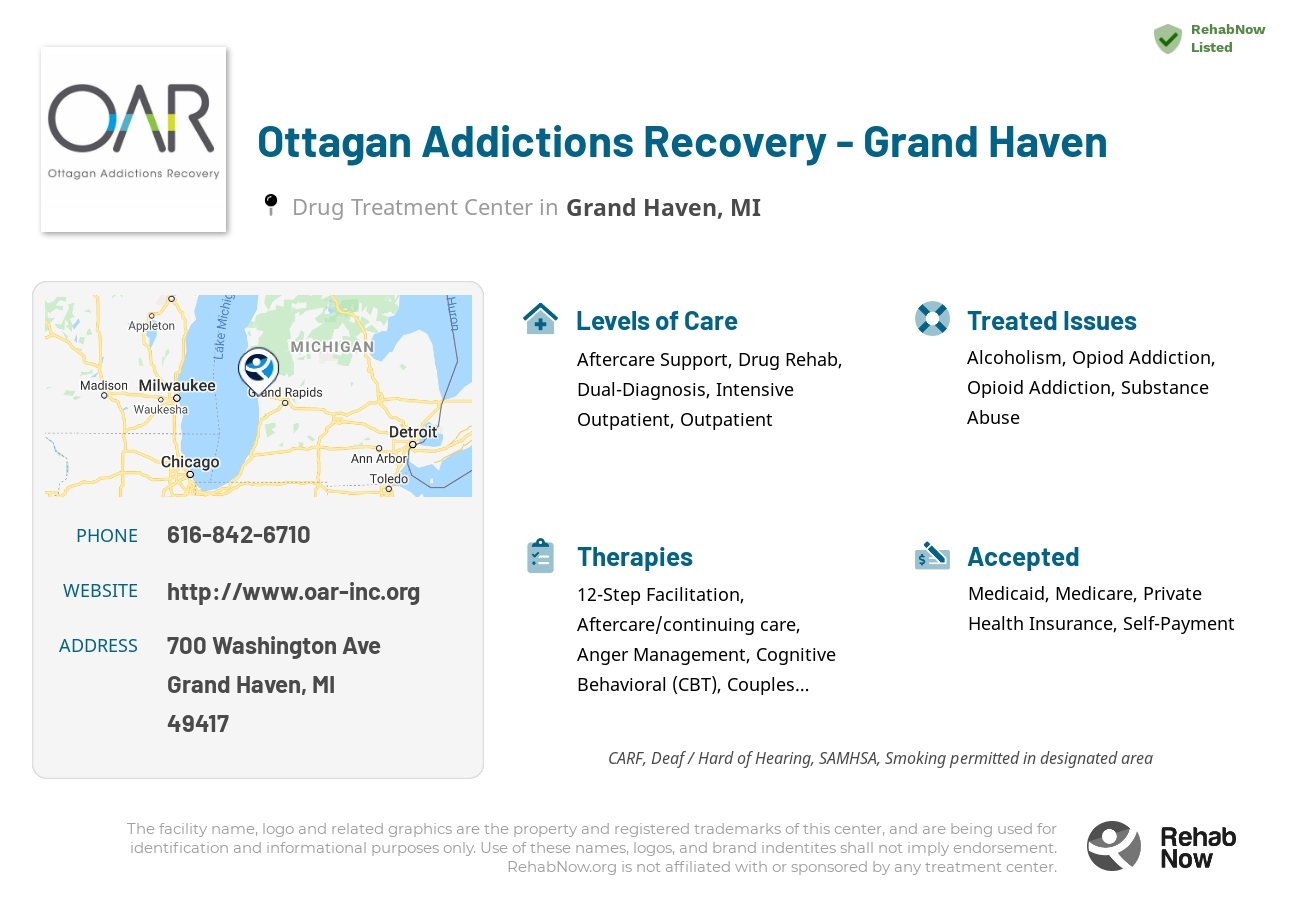 Helpful reference information for Ottagan Addictions Recovery - Grand Haven, a drug treatment center in Michigan located at: 700 Washington Ave, Grand Haven, MI 49417, including phone numbers, official website, and more. Listed briefly is an overview of Levels of Care, Therapies Offered, Issues Treated, and accepted forms of Payment Methods.