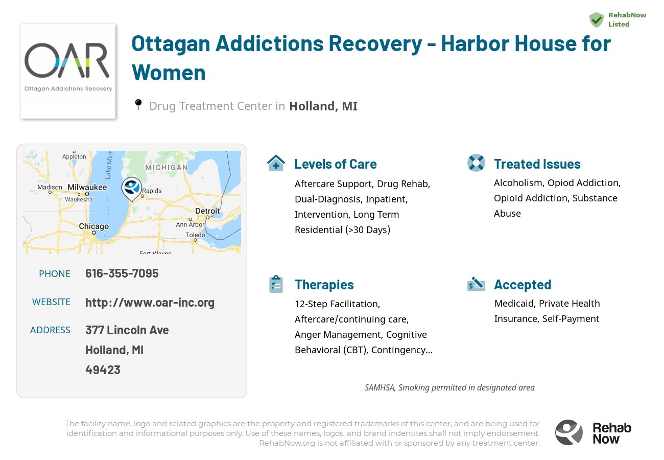 Helpful reference information for Ottagan Addictions Recovery - Harbor House for Women, a drug treatment center in Michigan located at: 377 Lincoln Ave, Holland, MI 49423, including phone numbers, official website, and more. Listed briefly is an overview of Levels of Care, Therapies Offered, Issues Treated, and accepted forms of Payment Methods.