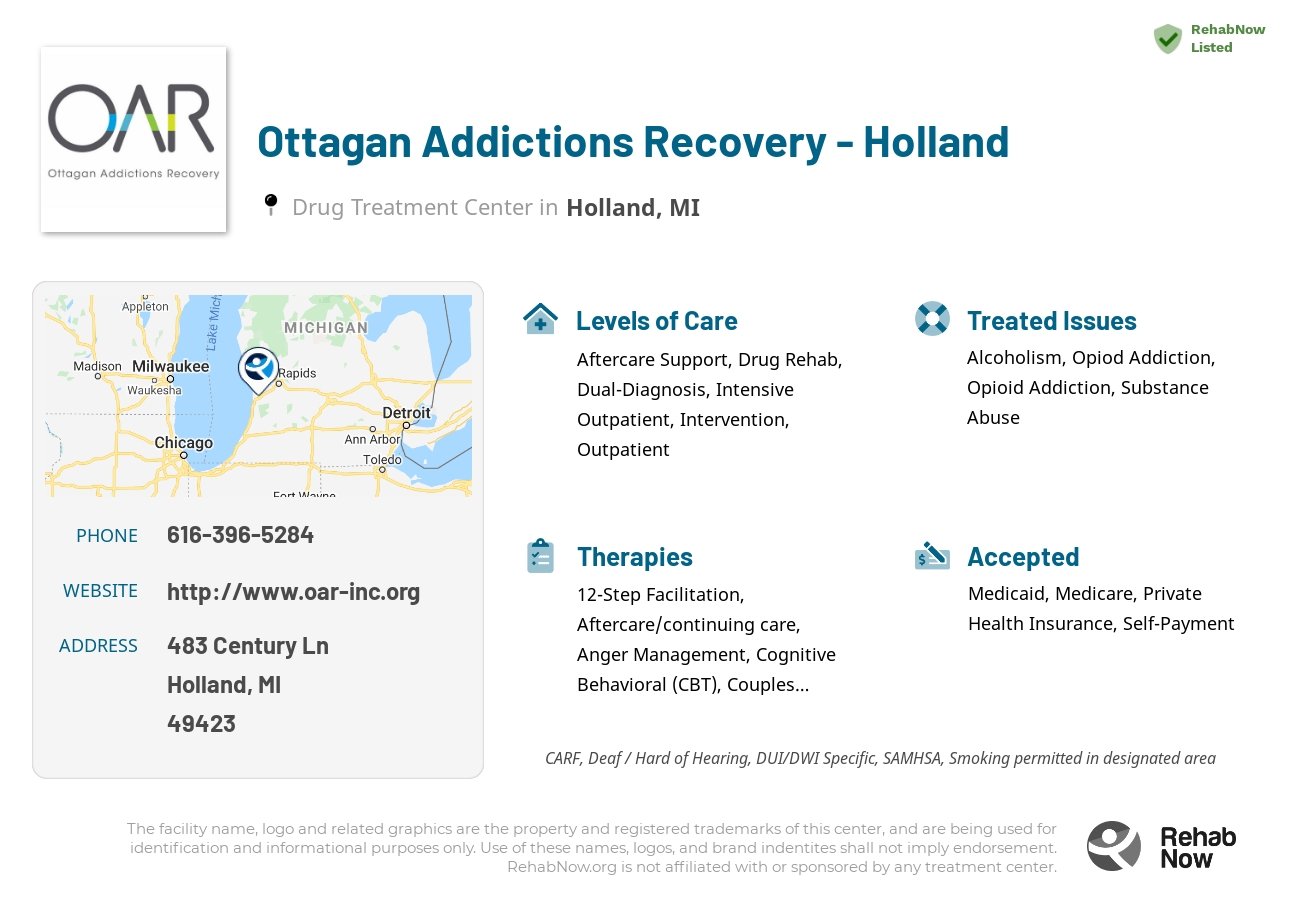 Helpful reference information for Ottagan Addictions Recovery - Holland, a drug treatment center in Michigan located at: 483 Century Ln, Holland, MI 49423, including phone numbers, official website, and more. Listed briefly is an overview of Levels of Care, Therapies Offered, Issues Treated, and accepted forms of Payment Methods.