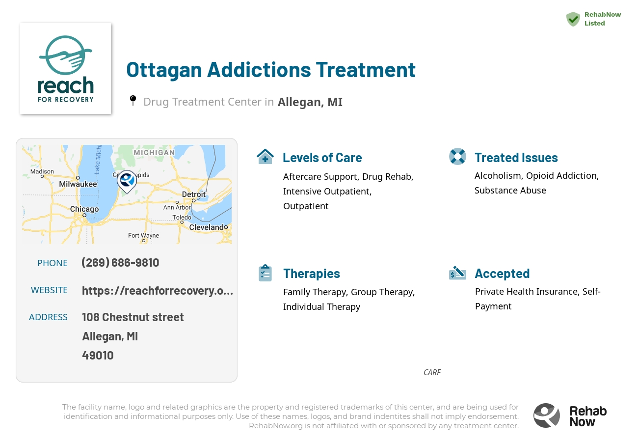 Helpful reference information for Ottagan Addictions Treatment, a drug treatment center in Michigan located at: 108 Chestnut street, Allegan, MI, 49010, including phone numbers, official website, and more. Listed briefly is an overview of Levels of Care, Therapies Offered, Issues Treated, and accepted forms of Payment Methods.