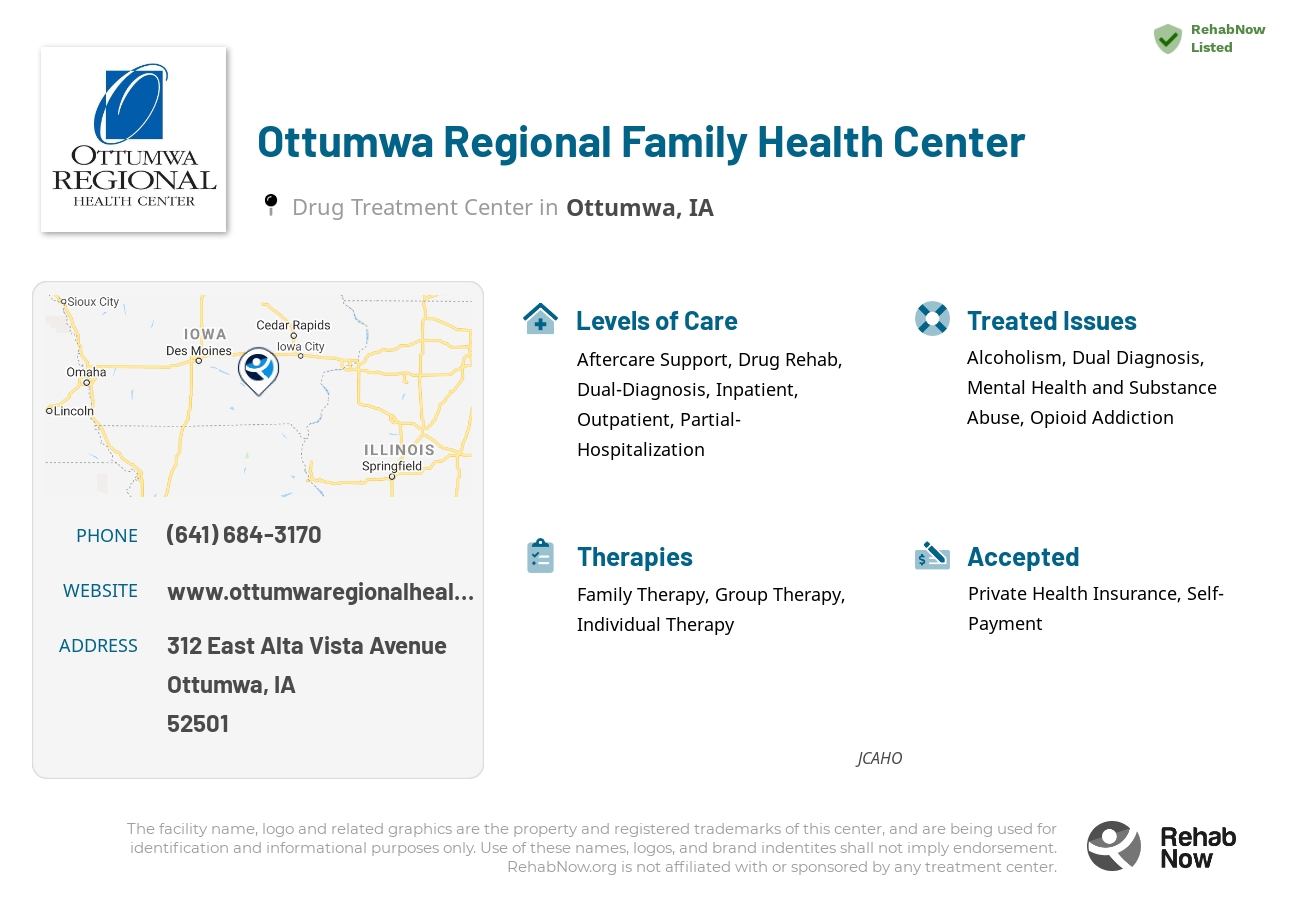 Helpful reference information for Ottumwa Regional Family Health Center, a drug treatment center in Iowa located at: 312 East Alta Vista Avenue, Ottumwa, IA, 52501, including phone numbers, official website, and more. Listed briefly is an overview of Levels of Care, Therapies Offered, Issues Treated, and accepted forms of Payment Methods.