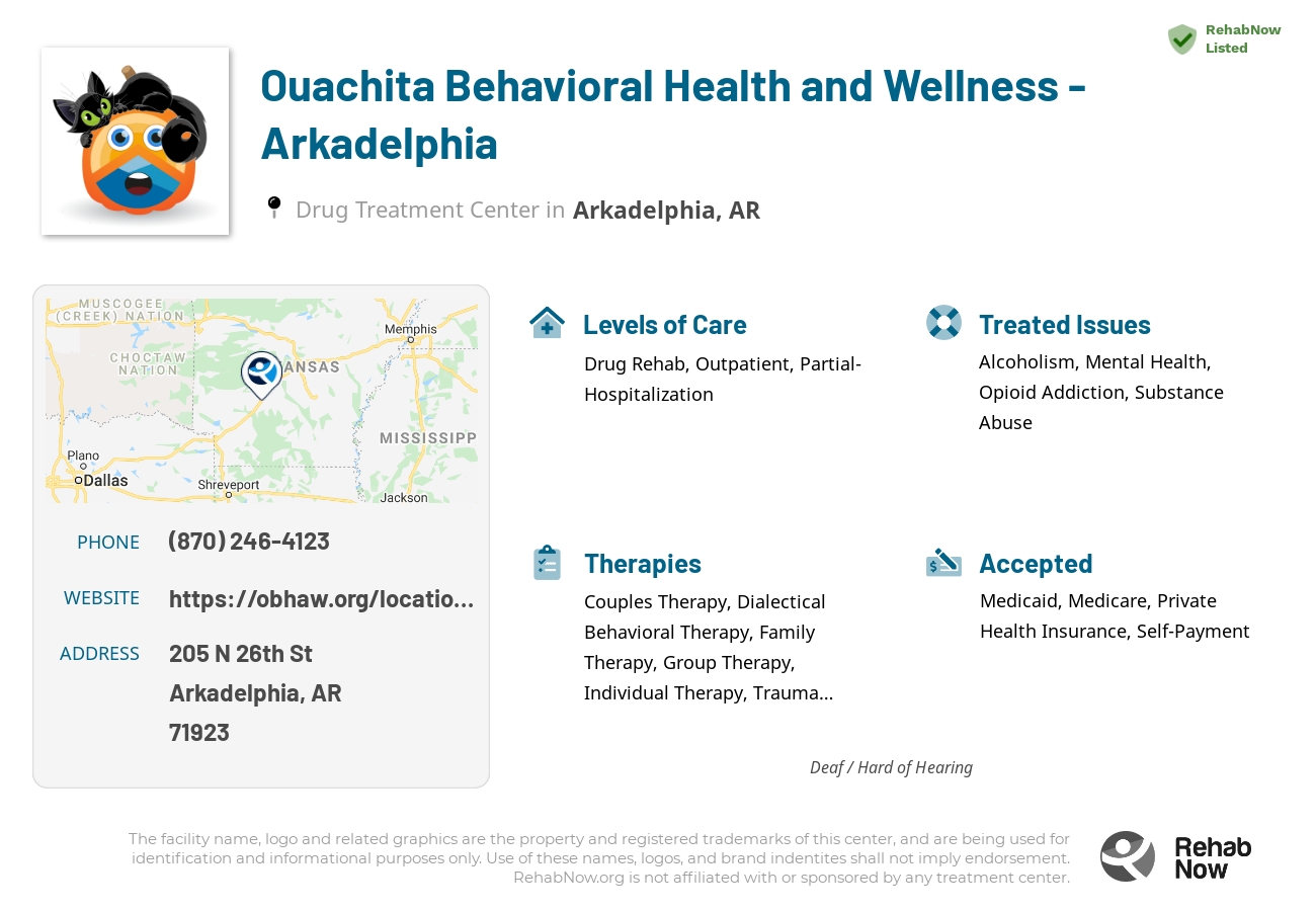 Helpful reference information for Ouachita Behavioral Health and Wellness - Arkadelphia, a drug treatment center in Arkansas located at: 205 N 26th St, Arkadelphia, AR, 71923, including phone numbers, official website, and more. Listed briefly is an overview of Levels of Care, Therapies Offered, Issues Treated, and accepted forms of Payment Methods.