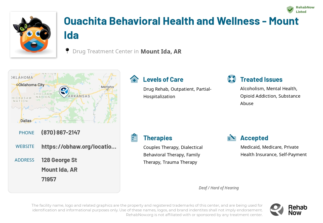 Helpful reference information for Ouachita Behavioral Health and Wellness - Mount Ida, a drug treatment center in Arkansas located at: 128 George St,, Mount Ida, AR, 71957, including phone numbers, official website, and more. Listed briefly is an overview of Levels of Care, Therapies Offered, Issues Treated, and accepted forms of Payment Methods.