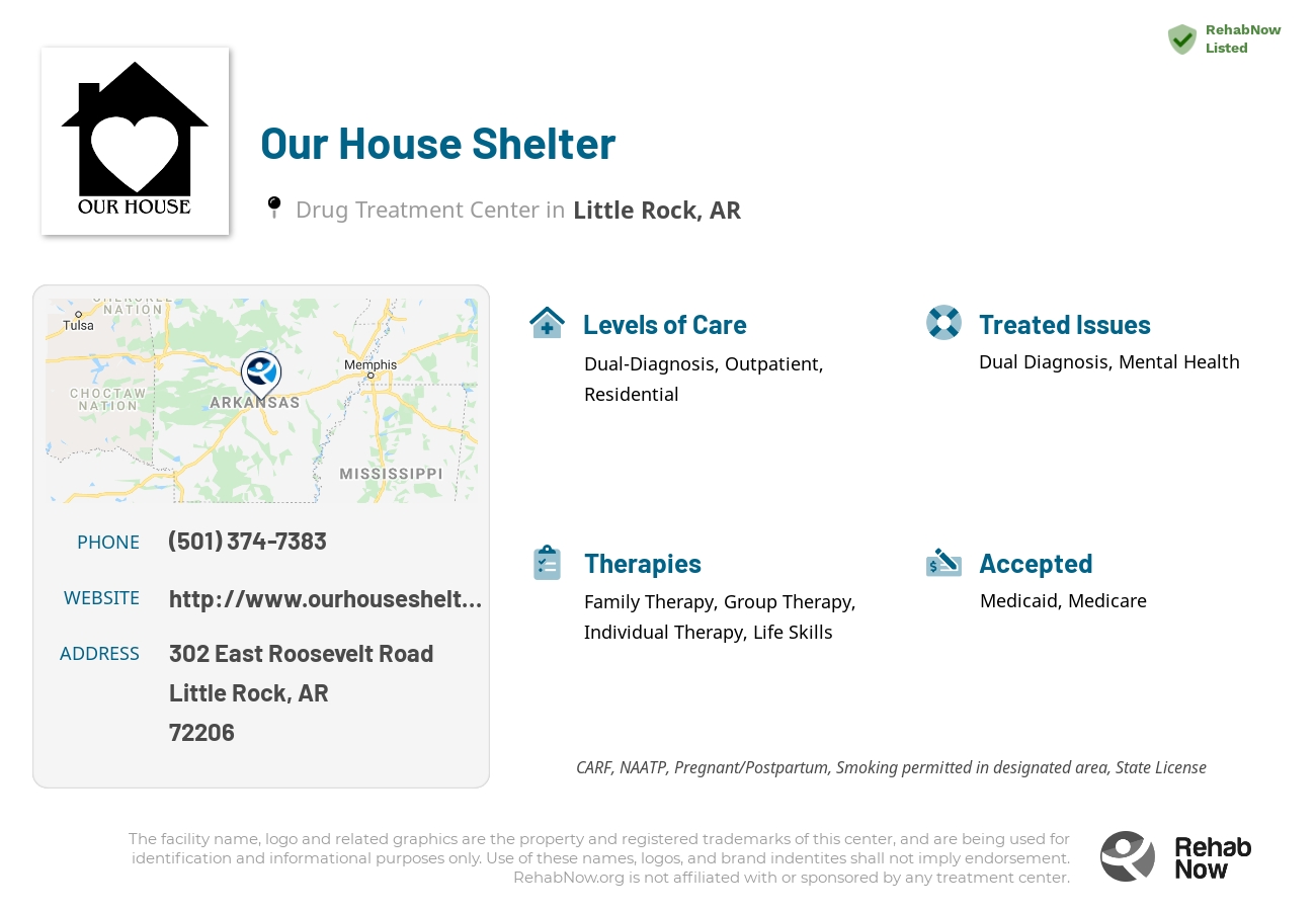 Helpful reference information for Our House Shelter, a drug treatment center in Arkansas located at: 302 East Roosevelt Road, Little Rock, AR, 72206, including phone numbers, official website, and more. Listed briefly is an overview of Levels of Care, Therapies Offered, Issues Treated, and accepted forms of Payment Methods.