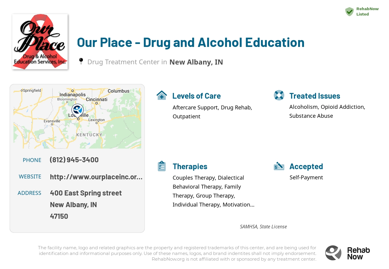 Helpful reference information for Our Place - Drug and Alcohol Education, a drug treatment center in Indiana located at: 400 East Spring street, New Albany, IN, 47150, including phone numbers, official website, and more. Listed briefly is an overview of Levels of Care, Therapies Offered, Issues Treated, and accepted forms of Payment Methods.