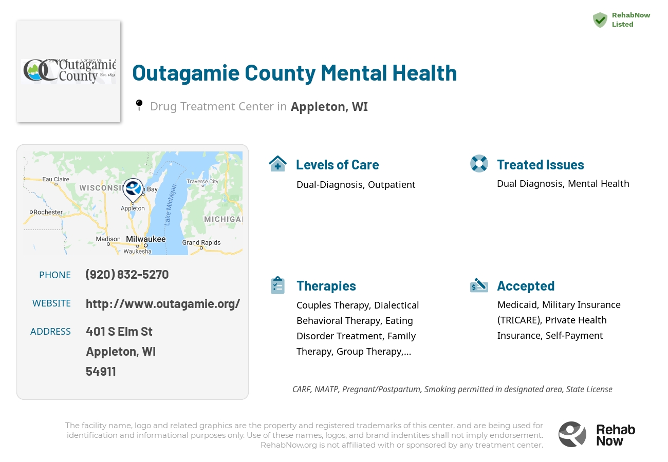 Helpful reference information for Outagamie County Mental Health, a drug treatment center in Wisconsin located at: 401 S Elm St, Appleton, WI 54911, including phone numbers, official website, and more. Listed briefly is an overview of Levels of Care, Therapies Offered, Issues Treated, and accepted forms of Payment Methods.