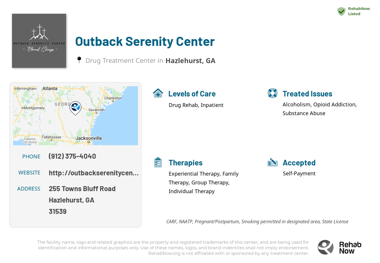 Helpful reference information for Outback Serenity Center, a drug treatment center in Georgia located at: 255 255 Towns Bluff Road, Hazlehurst, GA 31539, including phone numbers, official website, and more. Listed briefly is an overview of Levels of Care, Therapies Offered, Issues Treated, and accepted forms of Payment Methods.