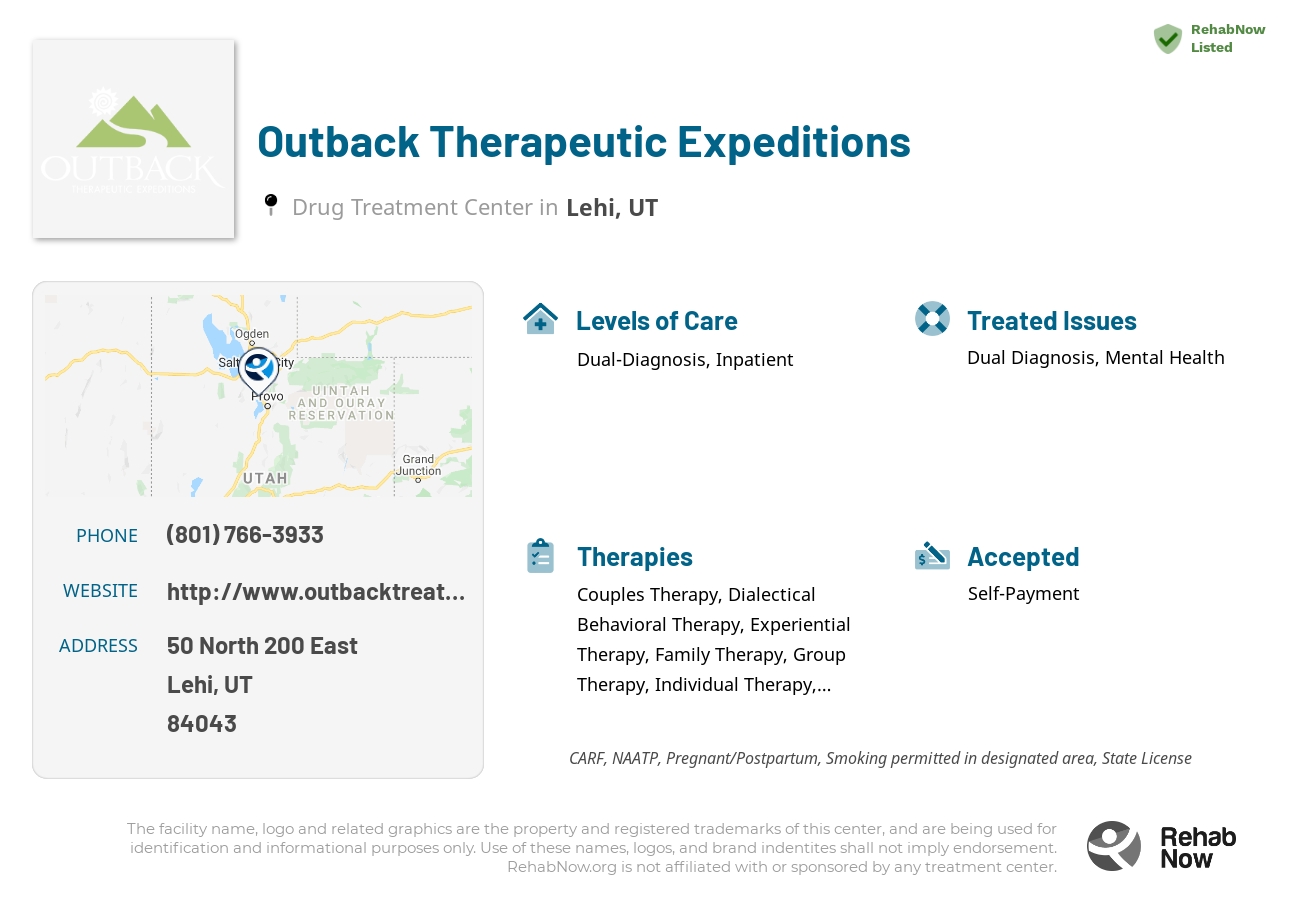 Helpful reference information for Outback Therapeutic Expeditions, a drug treatment center in Utah located at: 50 50 North 200 East, Lehi, UT 84043, including phone numbers, official website, and more. Listed briefly is an overview of Levels of Care, Therapies Offered, Issues Treated, and accepted forms of Payment Methods.