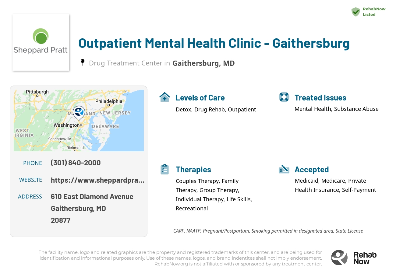 Helpful reference information for Outpatient Mental Health Clinic - Gaithersburg, a drug treatment center in Maryland located at: 610 East Diamond Avenue, Suite 100A, Gaithersburg, MD, 20877, including phone numbers, official website, and more. Listed briefly is an overview of Levels of Care, Therapies Offered, Issues Treated, and accepted forms of Payment Methods.