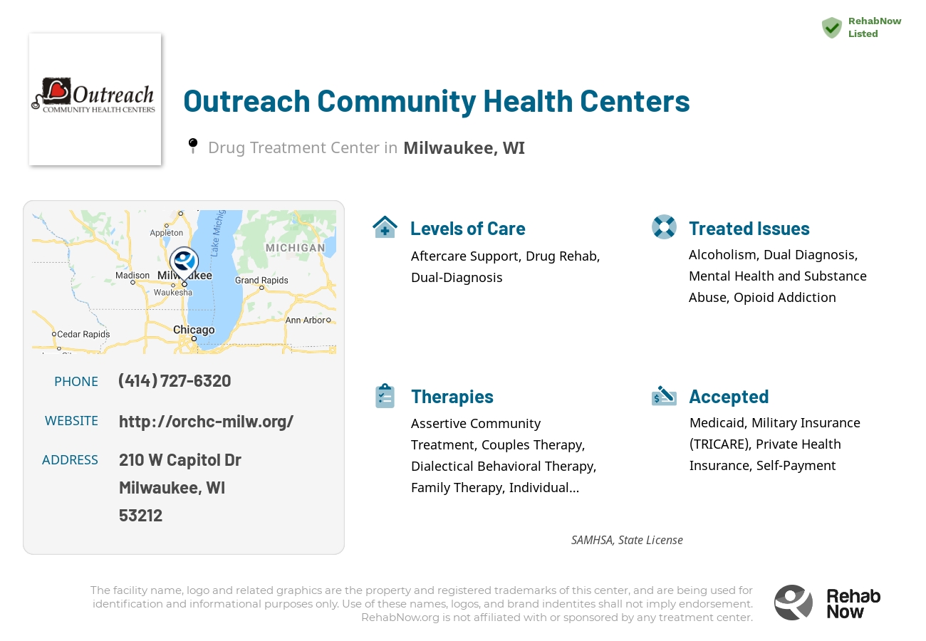 Helpful reference information for Outreach Community Health Centers, a drug treatment center in Wisconsin located at: 210 W Capitol Dr, Milwaukee, WI 53212, including phone numbers, official website, and more. Listed briefly is an overview of Levels of Care, Therapies Offered, Issues Treated, and accepted forms of Payment Methods.