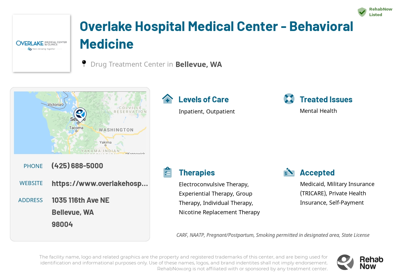 Helpful reference information for Overlake Hospital Medical Center - Behavioral Medicine, a drug treatment center in Washington located at: 1035 116th Ave NE, Bellevue, WA 98004, including phone numbers, official website, and more. Listed briefly is an overview of Levels of Care, Therapies Offered, Issues Treated, and accepted forms of Payment Methods.