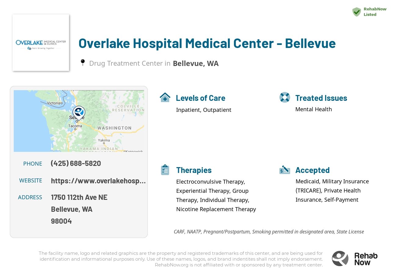 Helpful reference information for Overlake Hospital Medical Center - Bellevue, a drug treatment center in Washington located at: 1750 112th Ave NE, Bellevue, WA 98004, including phone numbers, official website, and more. Listed briefly is an overview of Levels of Care, Therapies Offered, Issues Treated, and accepted forms of Payment Methods.