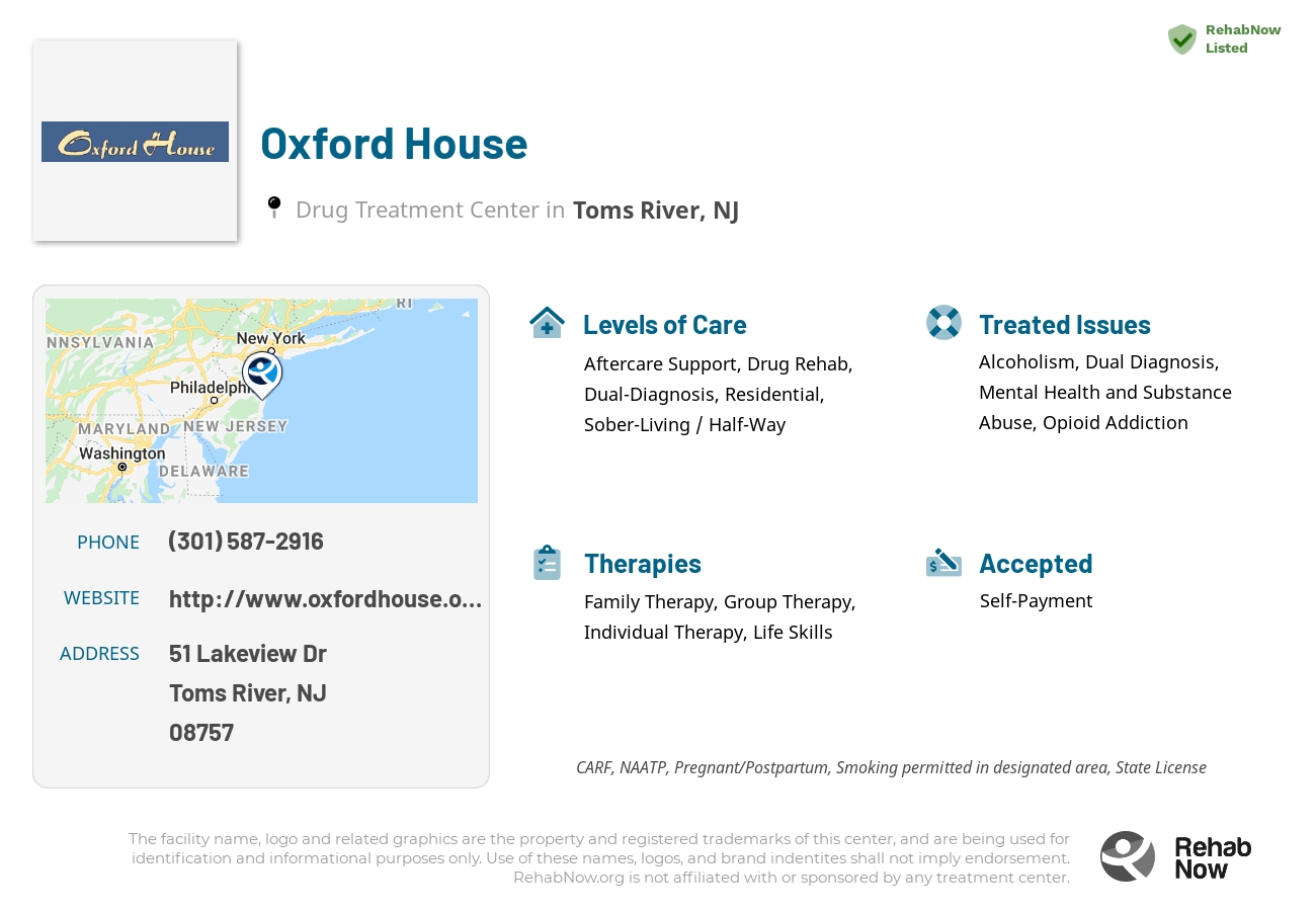 Helpful reference information for Oxford House, a drug treatment center in New Jersey located at: 51 Lakeview Dr, Toms River, NJ 08757, including phone numbers, official website, and more. Listed briefly is an overview of Levels of Care, Therapies Offered, Issues Treated, and accepted forms of Payment Methods.