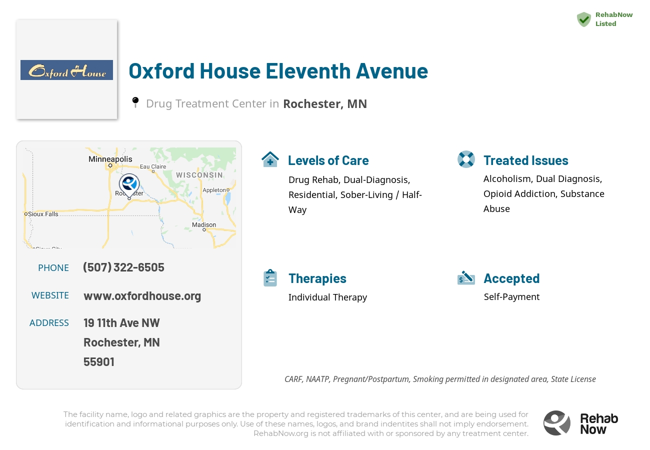 Helpful reference information for Oxford House Eleventh Avenue, a drug treatment center in Minnesota located at: 19 19 11th Ave NW, Rochester, MN 55901, including phone numbers, official website, and more. Listed briefly is an overview of Levels of Care, Therapies Offered, Issues Treated, and accepted forms of Payment Methods.
