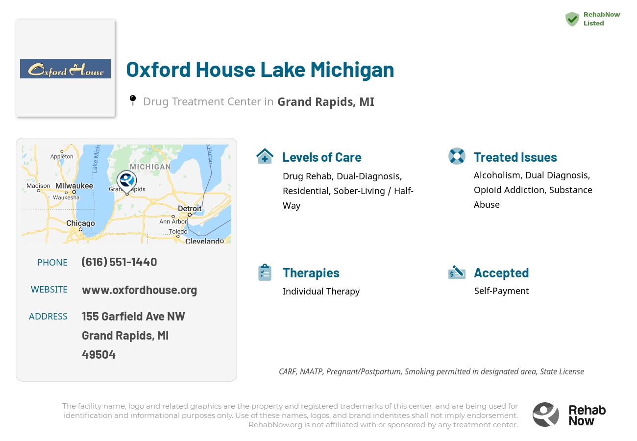 Helpful reference information for Oxford House Lake Michigan, a drug treatment center in Michigan located at: 155 155 Garfield Ave NW, Grand Rapids, MI 49504, including phone numbers, official website, and more. Listed briefly is an overview of Levels of Care, Therapies Offered, Issues Treated, and accepted forms of Payment Methods.